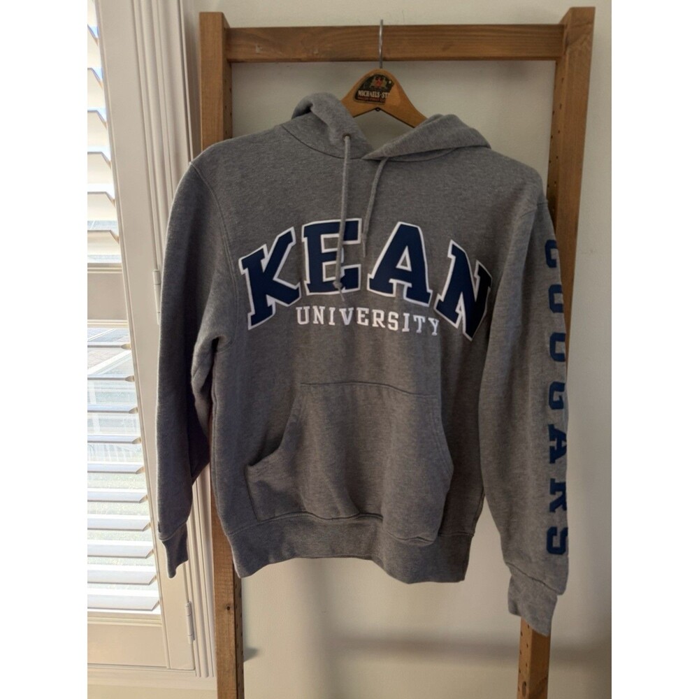 JanSport Kean University Hoodie Sweatshirt Grey Spell Out Sleeve Hit Size S Y2K